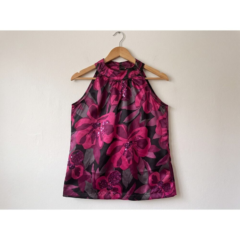 Apt. 9 Women’s XL Pink Black Floral Satin Sleeveless Blouse Sequin Detail